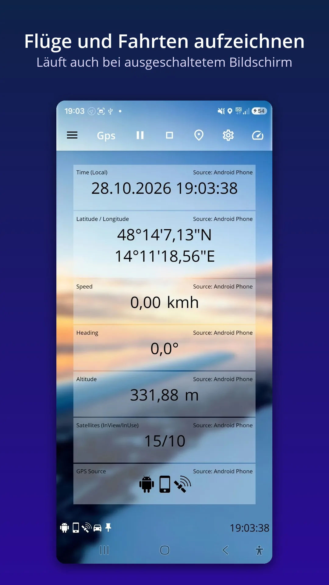 GPS-Daten während der Aufzeichnung, mit Satellitenanzahl