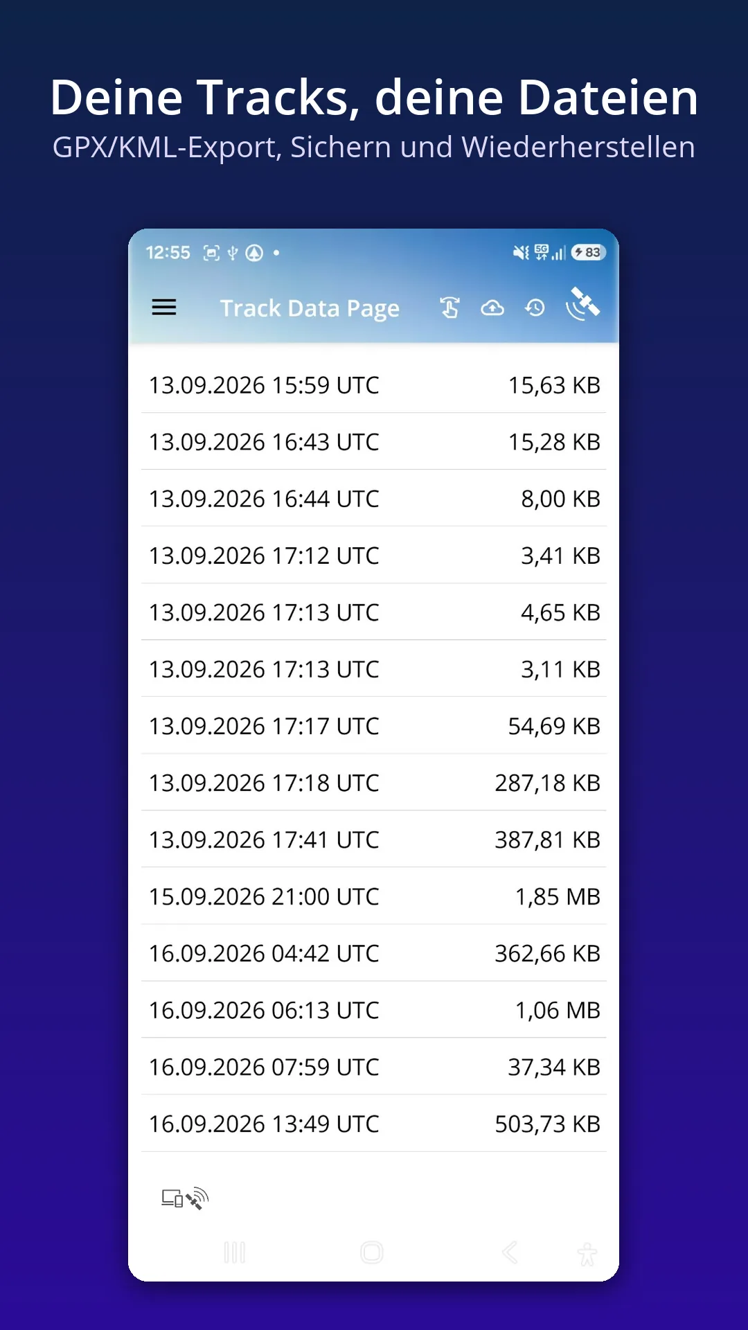 Trackliste mit Export und Sicherung